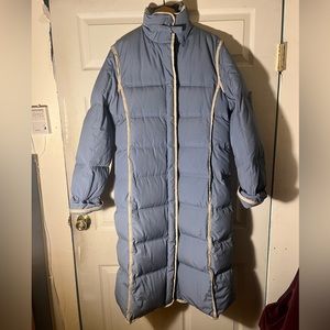 Baby blue with beige trim long puffer coat